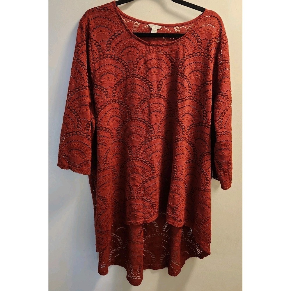 Cato 26/28 Rust Red Scalloped Lace High-Low Tunic Top Boho Chic Teracotta Earth